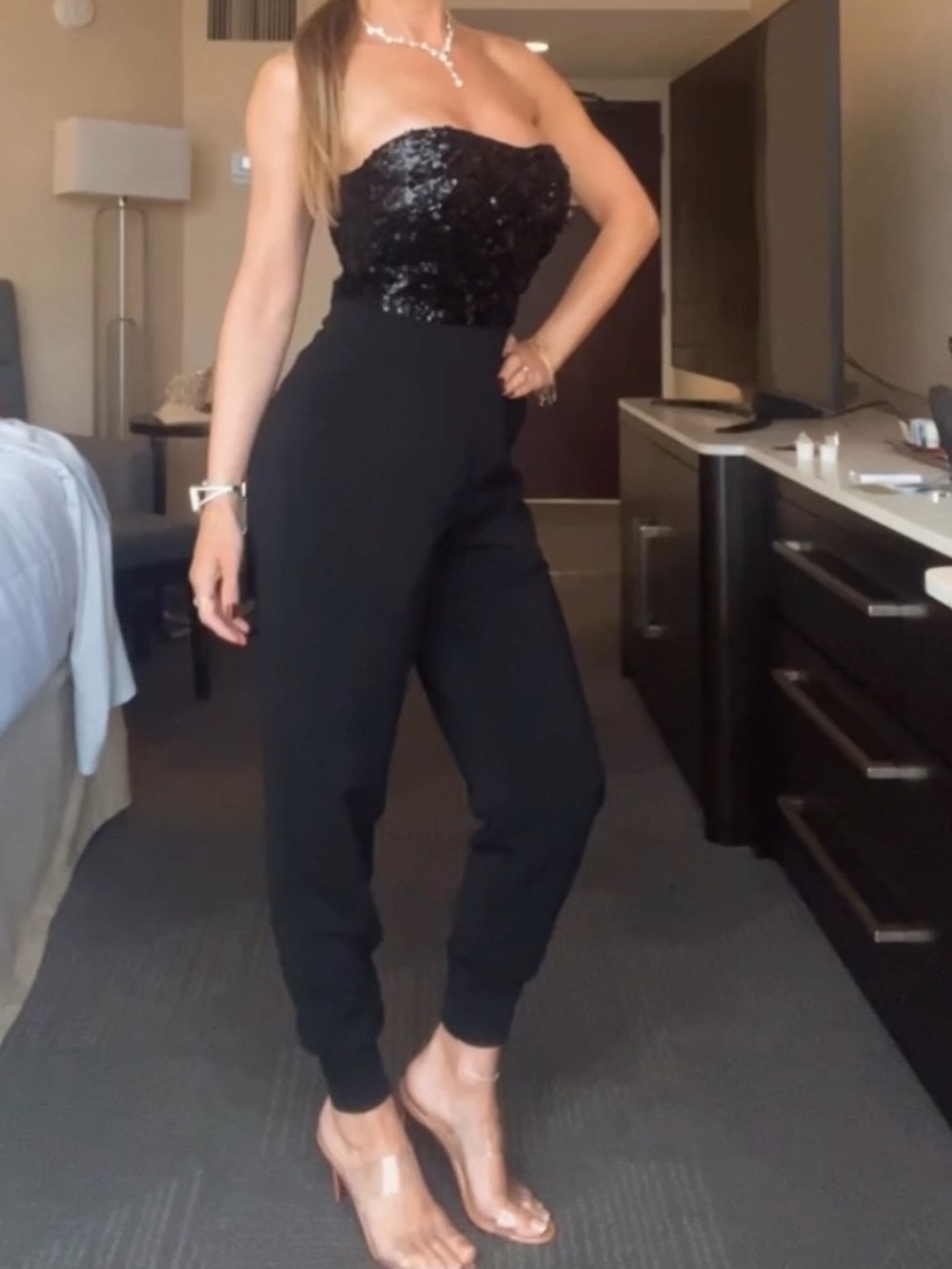 AllSaints Black Sequin Strapless Jumpsuit Jogger